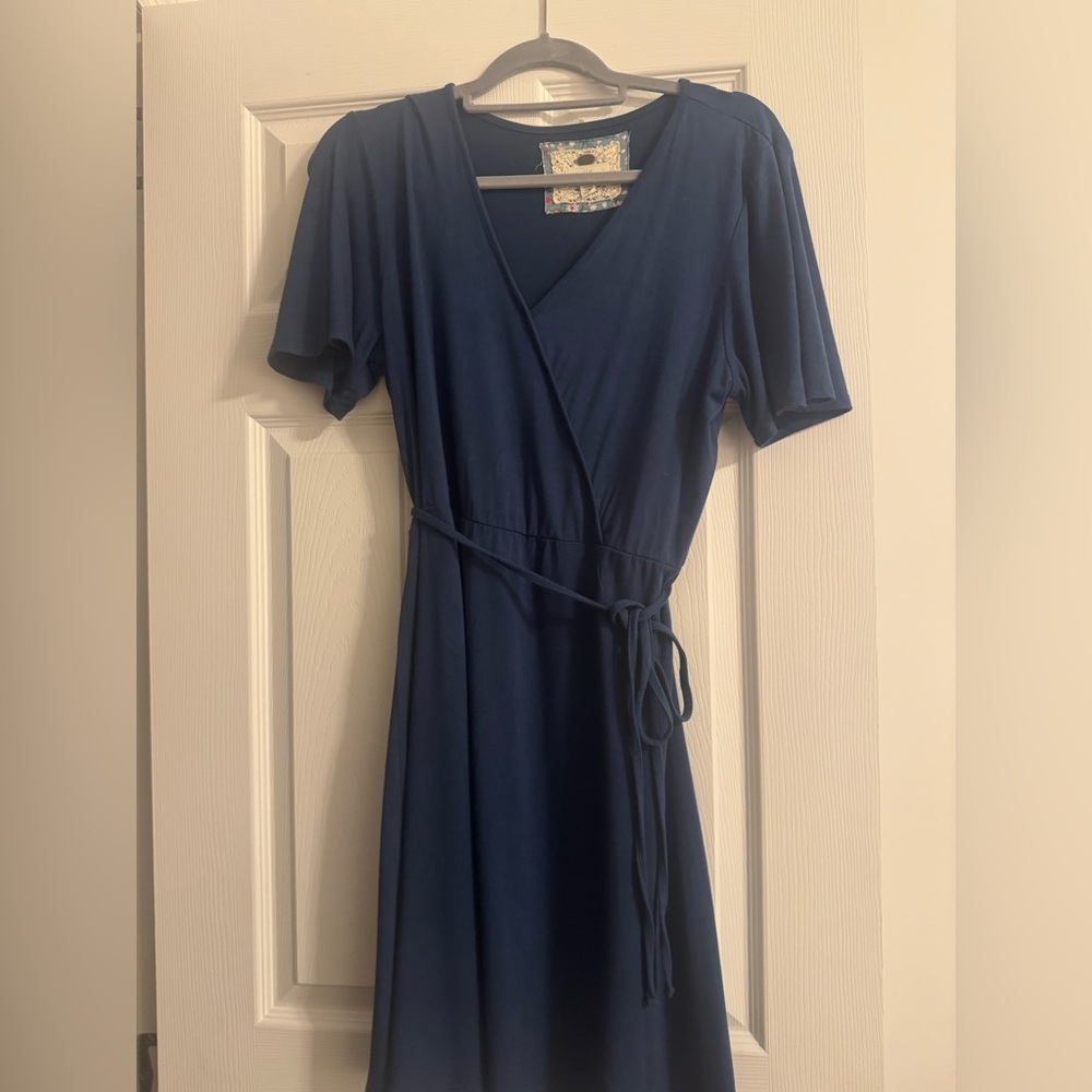 Cupio Wrap Tie Deep Blue V Neck Dress L
